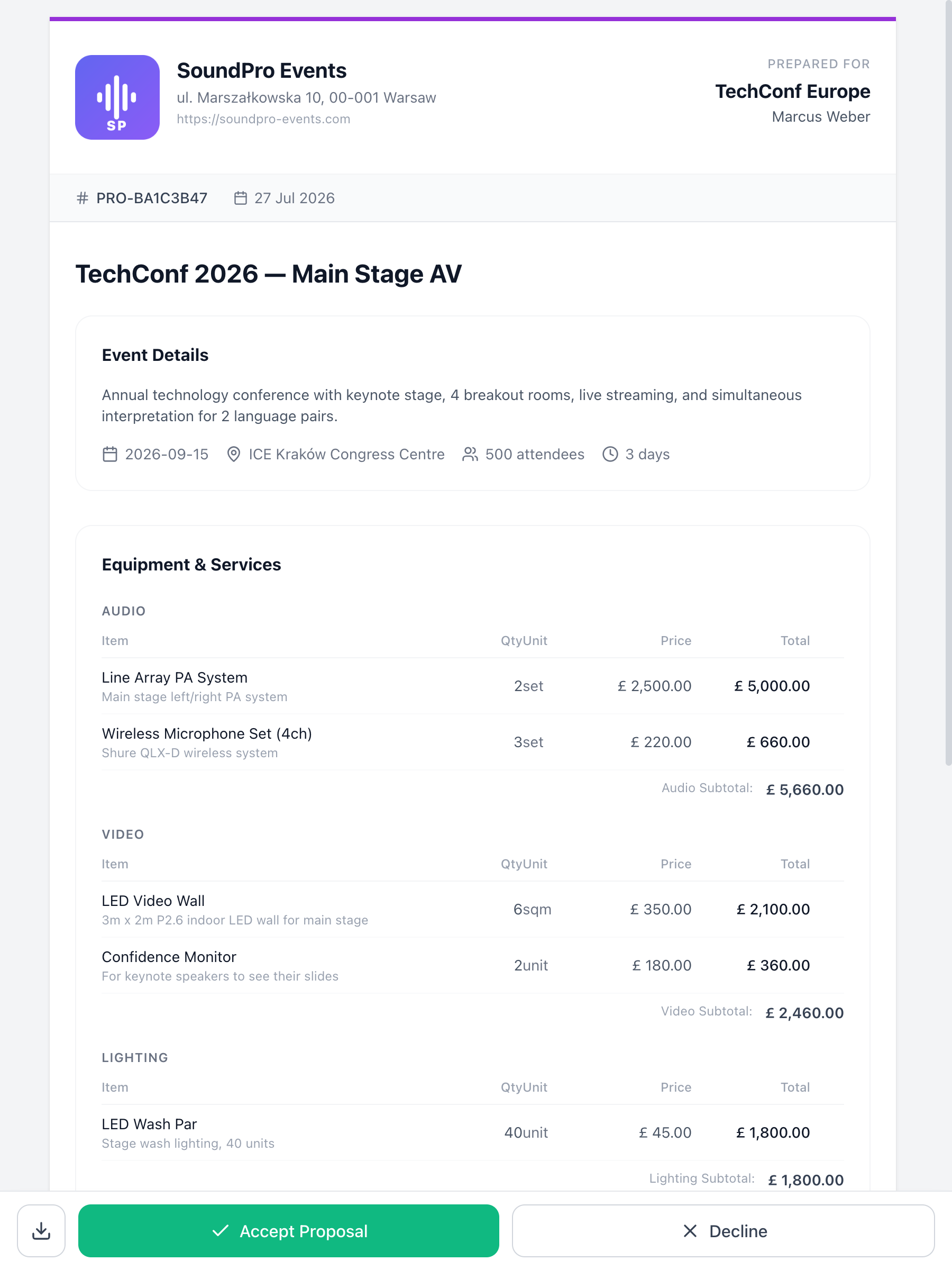 Branded proposal with company logo, equipment list, and accept button